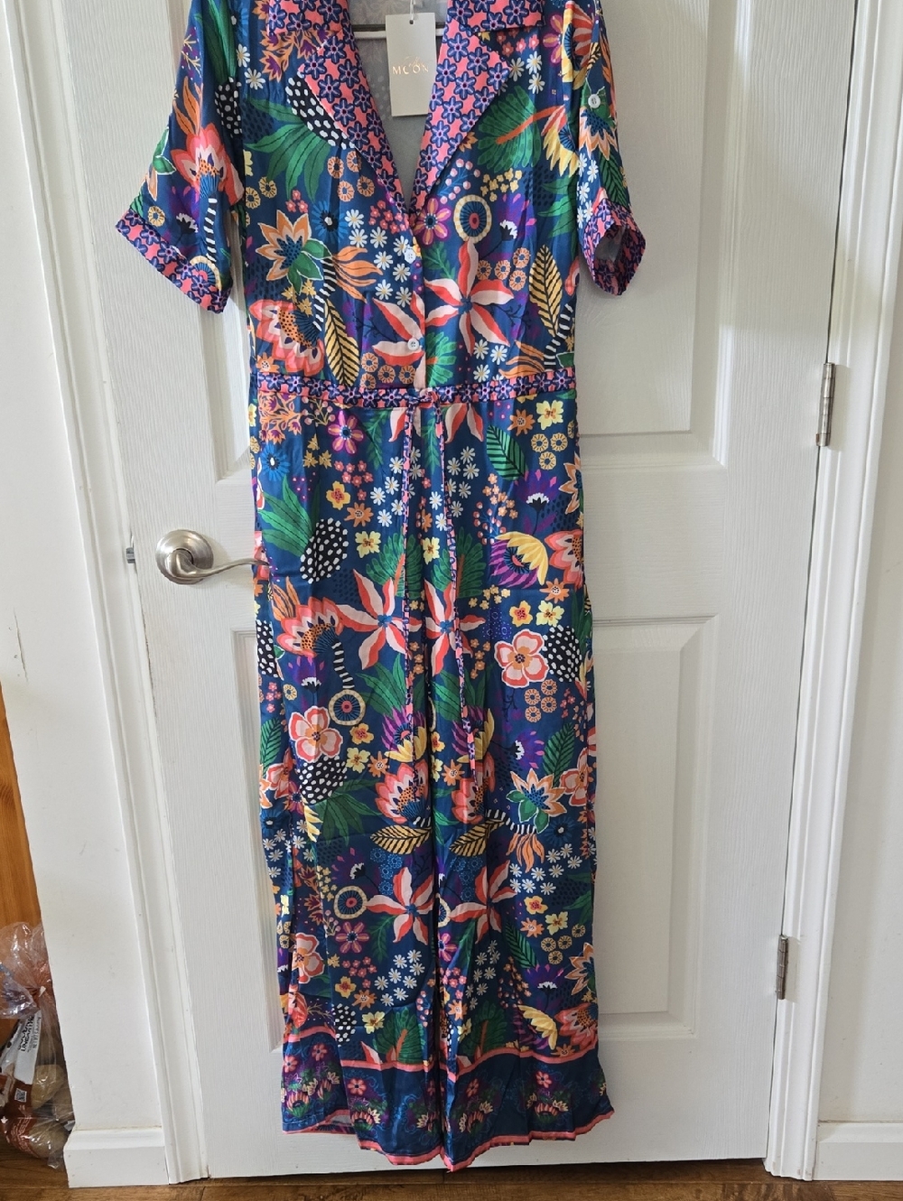 Endless Moon Multicolor Floral Navy Short-Sleeve Jumpsuit with Tie Waist